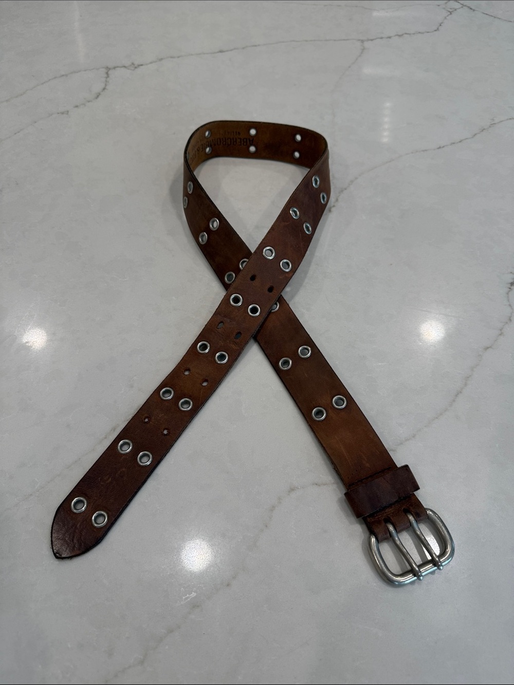 A&F Vintage Men's Brown Leather Grommet Belt w/Double-Prong Buckle